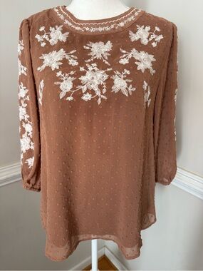Polagram Terracotta Brown Embroidered Swiss Dot Blouse Size M NWT